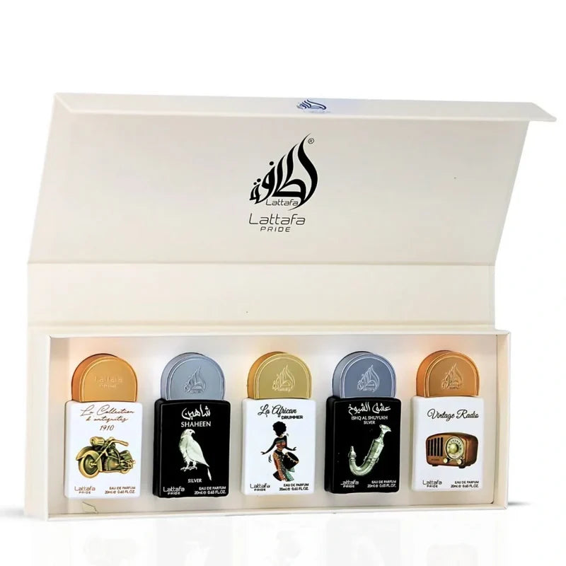 LATTAFA PRIDE D'ANTIQUITES + SHAHEEN + LA AFRICAN DRUMMER + ISHQ AL SHUYUKH + VINTAGE RADIO EDP 5X 20ML