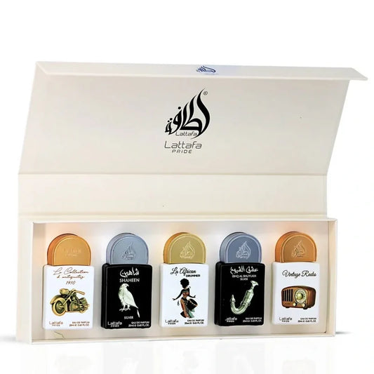 LATTAFA PRIDE D'ANTIQUITES + SHAHEEN + LA AFRICAN DRUMMER + ISHQ AL SHUYUKH + VINTAGE RADIO EDP 5X 20ML